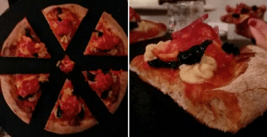 Filetto di baccalà cotto a vapore e stufato in salsa di pelati, foglie di cavolo nero, crema di ceci e julienne di cipolla caramellata